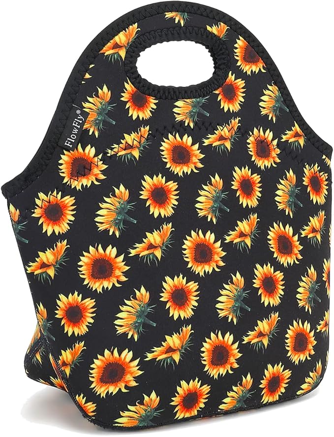 FlowFly Neoprene Lunch Tote Insulated Thermal Reusable Lunch Bag Box for Boys Men with Zipper (SunFlower)