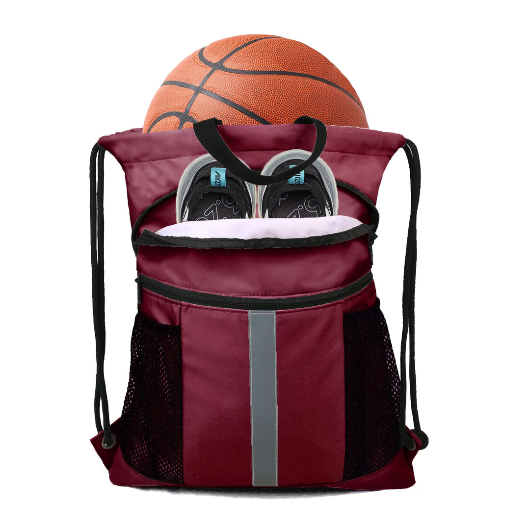 BeeGreen Wine Red Drawstring Backpack Bag with Shoe Compartment X-Large Gym Sports String Cinch Sackpack with Front Inside Zipper Pockets 75D