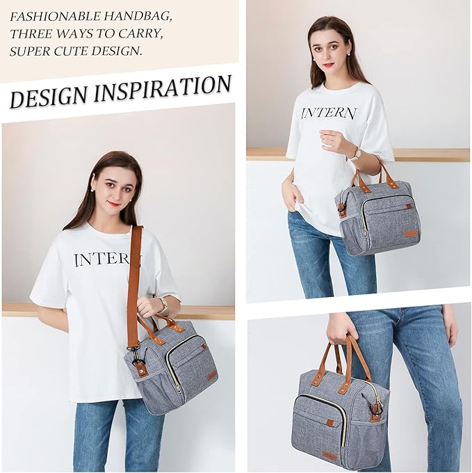 TuErCao Adult Lunch Box - Insulated Lunch Bag Women for Work, Soft Cooler for Beach Travel Picnic, Ladies Lunch Tote Bag for Office, Grey