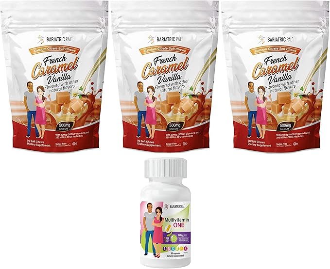 BariatricPal 90-Day Bariatric Vitamin Bundle (Multivitamin ONE 1 per Day! Capsule with 60mg Iron and Calcium Citrate Soft Chews 500mg with Probiotics - French Caramel Vanilla)