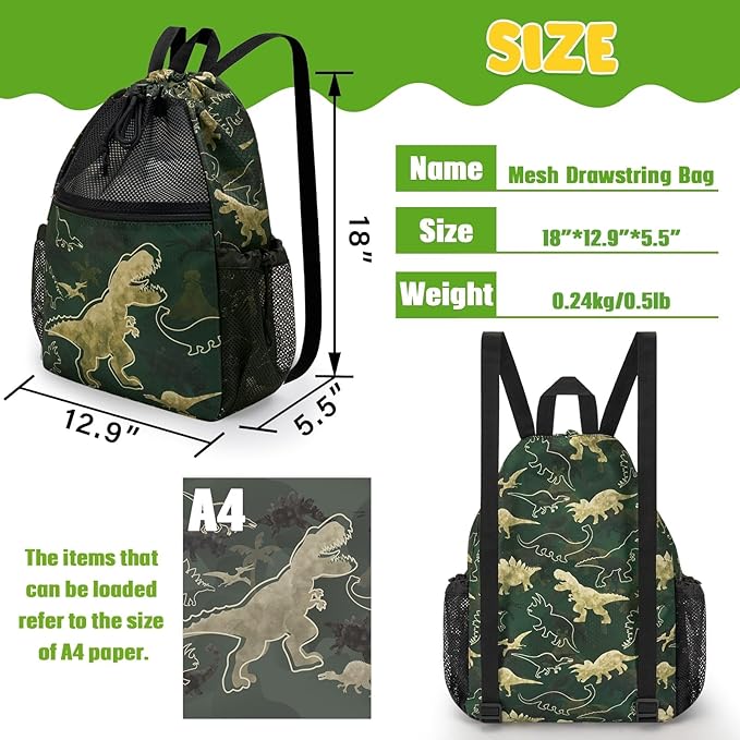 WAWSAM Dinosaur Kids Drawstring Backpack - Mesh Drawstring Bag for Boys Swim Bag with Waterproof Zipper Pocket Kids Beach Backpack for Swimming Pool Sport Yoga Travel Mesh Gym Bag