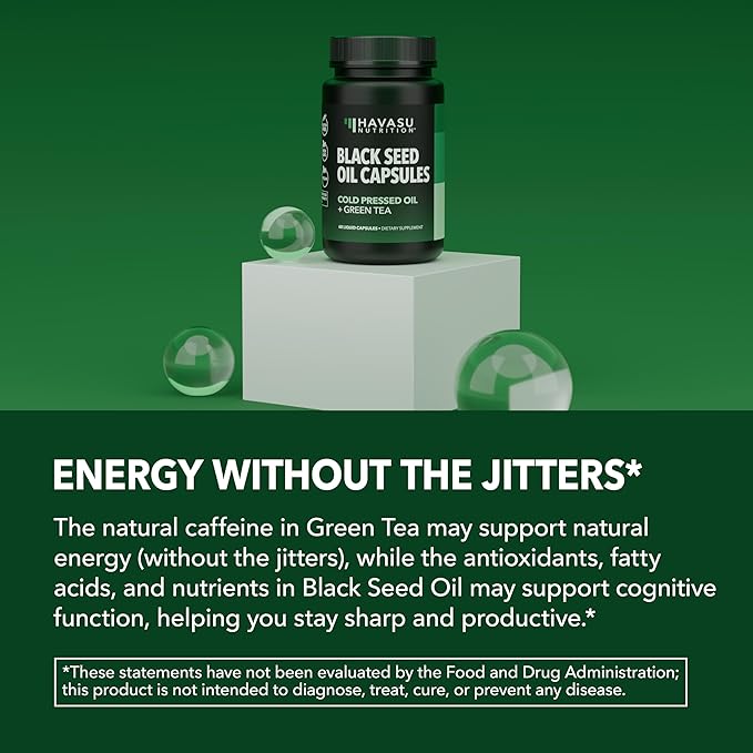 Cold Pressed Black Seed Oil Liquid Capsules with Green Tea Extract for Energy and Digestive Health Support - 60 Count - Nigella Sativa Supplement - Unflavored, Vegan, Non-GMO - 1 Month Supply