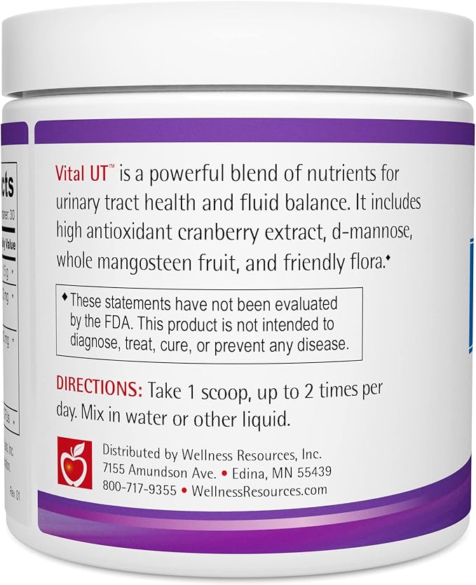 Vital UT Powder with D-Mannose, Cran-Max Cranberry, LactoSpore Probiotic for Urinary Tract and Bladder Health, 36mg PACs and 1 Billion Spore Probiotics Per Scoop (30 Servings)