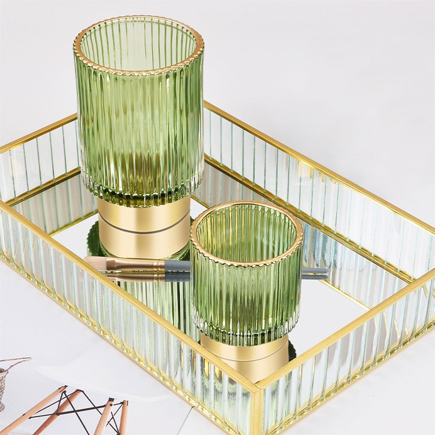 BTGGG Makeup Brush Holder 2 Pack Glass Cosmetic Makeup Brush Organiser for Vanity, Eyeliners, Eyebrow Pencil, Bathroom Toothbrush Holder, Office Storage Cup Desk Pen Holder, Crystal Green (S+L)