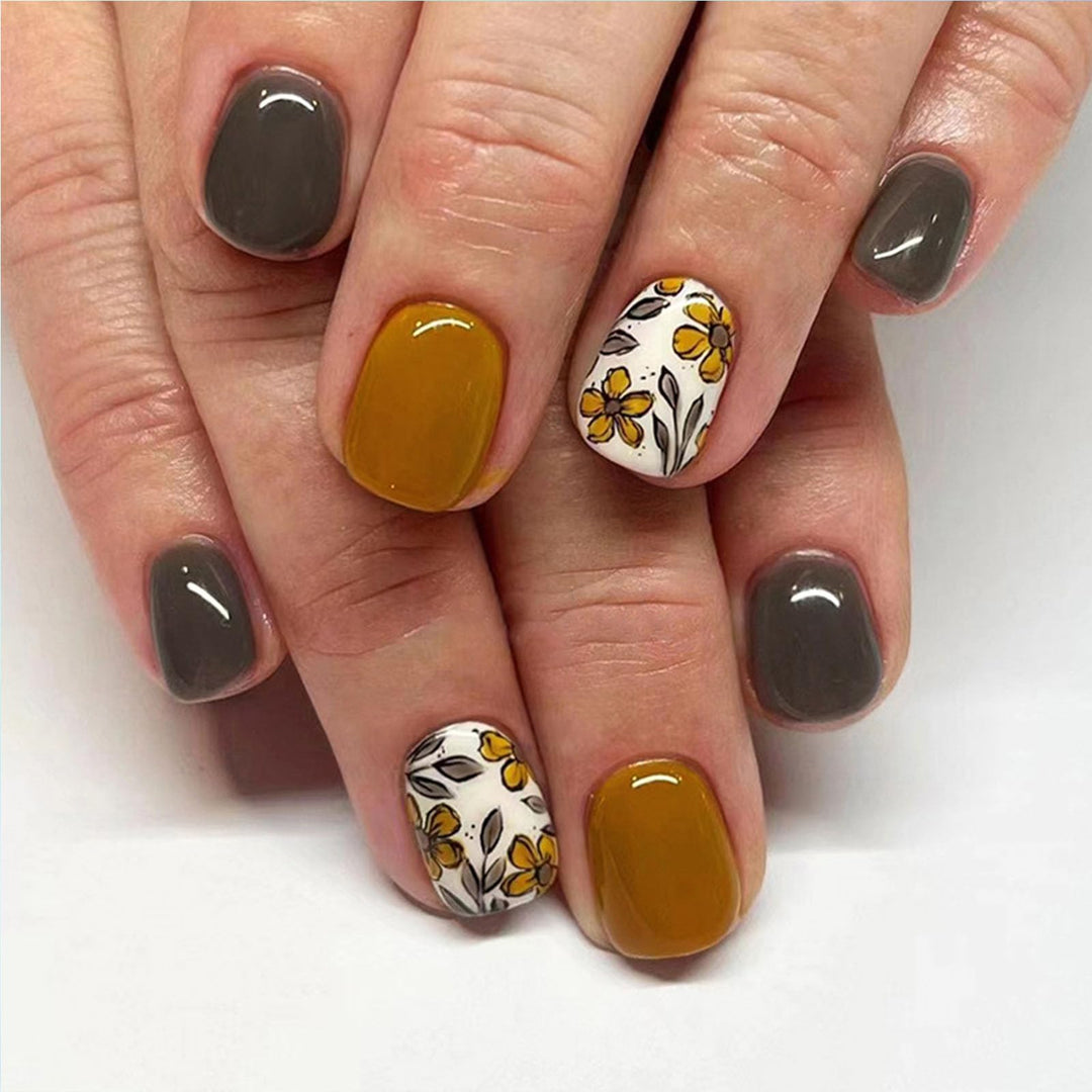 Fall Press on Nails Short Square Fake Nails with Floral Designs Yellow Nails Press ons Grey Acrylic Nails Glossy Glue on Nails Fall Flower Leaves Artificial Stick on Nails for Women Girls 24 Pcs