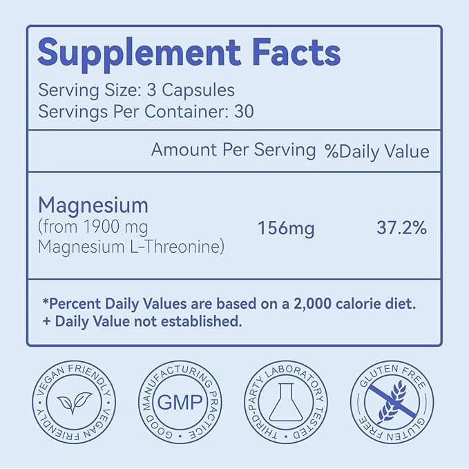 Magnesium L-Threonine 1900mg Supplement | High Absorption Mineral Magnesium Capsules for Bone & Muscle Support | 90 Counts Premium Bioavailable Formula