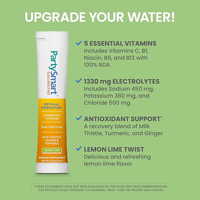 Himalaya PartySmart Lemon Lime Electrolytes Powder Packets, 12 Count, Support Hydration, Rehydrate with Sodium & Potassium, Vitamin C & more, Antioxidant Recovery Blend Milk Thistle, Ginger & Turmeric