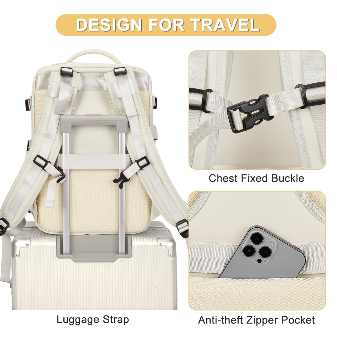 Beige Large Travel Backpack For Women Men Airline Approved Personal Item Backpack For Airlines Carry On Backpack Flight Approved Waterproof Backpack For Traveling On Airplane Weekender Travel Bag