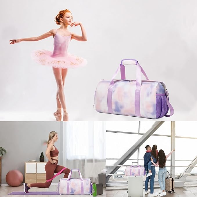 Sports Gym Bag for Girls Dance Bag for Girls Teen Travel Duffel Bags Waterproof Overnight Duffel Bag with Shoe Compartment Ballet Gym Bag Purple