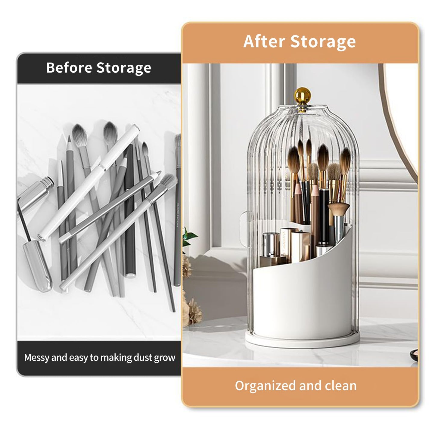 360° Rotating Make Up Brush Holder Storage with Clear Dustproof Lid, Sliding Opening Cosmetic Make-Up Organiser, Makeup Brushes Holder Organizers,Make-Up Brush Container Case for Dressing Table,Vanity