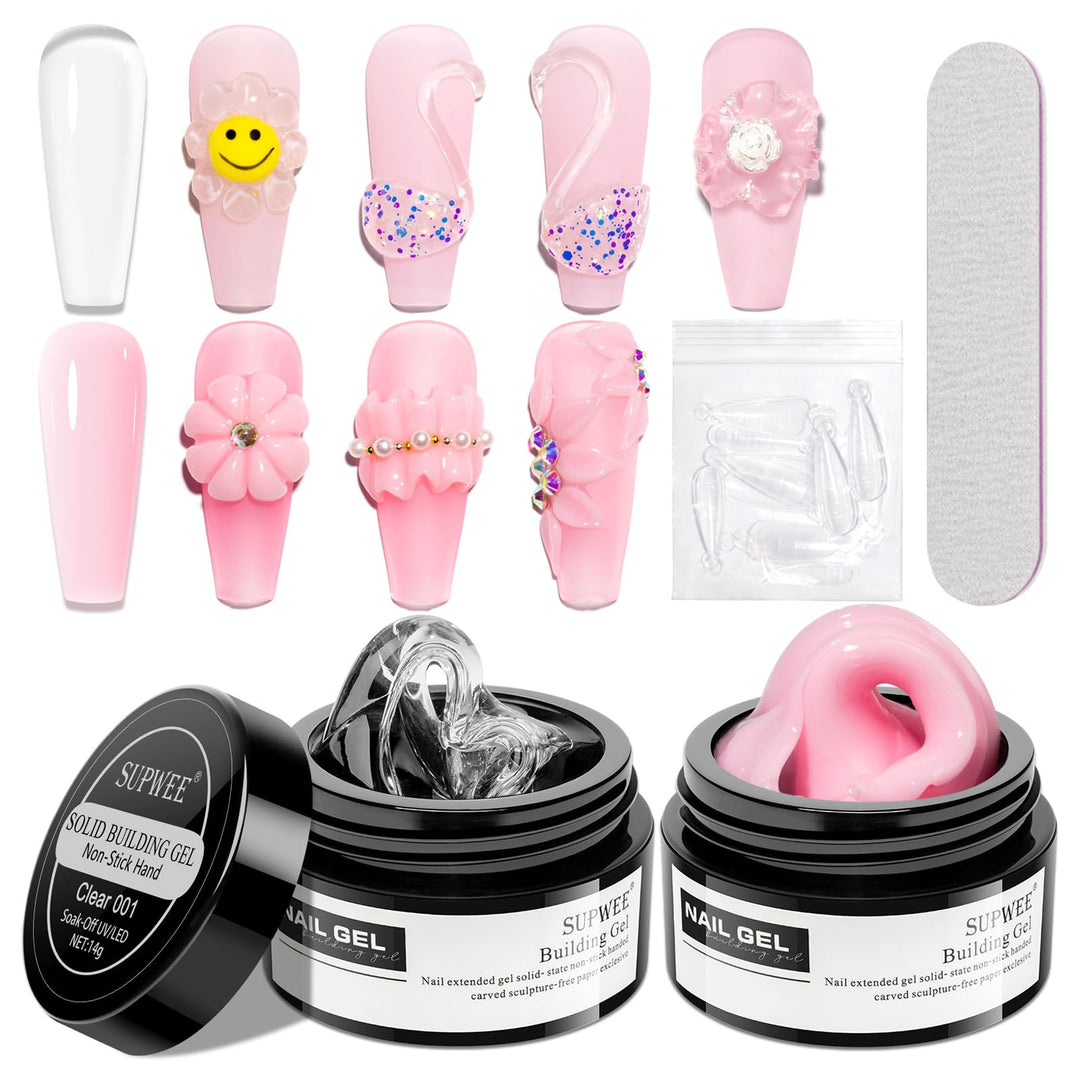 Supwee Solid Builder Gel For Nail Extension Clear Pink Non-Stick Hand Sculpture Hard Gel With Dual Form Flower Nail Strengthen N