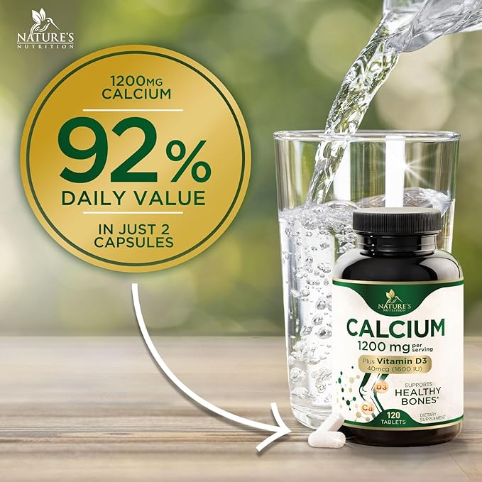 Calcium 1200 mg with Vitamin D3, Calcium Supplement Vitamins, Supports Bone Strength, Teeth & Immune System, Calcium Supplements for Women & Men, Nature's Absorbable Calcium Carbonate - 120 Tablets