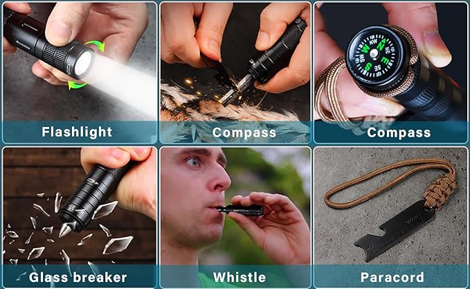 All-in-1 Multitool kits, Camping Survival Multi tool Flashlight+Fire Starter+Whistle+Compass+Window Breaker 9 In 1 EDC Gadgets for campers, Hiker, Surviver and Great Gifts for Men