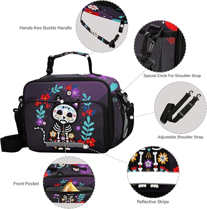 Cat Sugar Skull Lunch Bag Insulated Lunch Box Cooler Cooling Tote Food Container for Adults Men Women