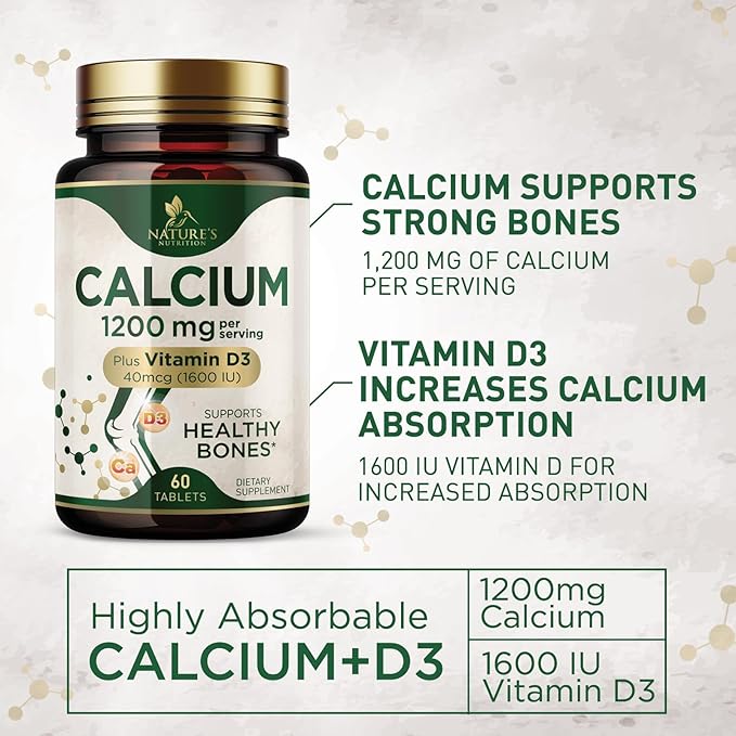 Calcium 1200 mg with Vitamin D3, Calcium Supplement Vitamins, Supports Bone Strength, Teeth & Immune System, Calcium Supplements for Women & Men, Nature's Absorbable Calcium Carbonate - 60 Tablets