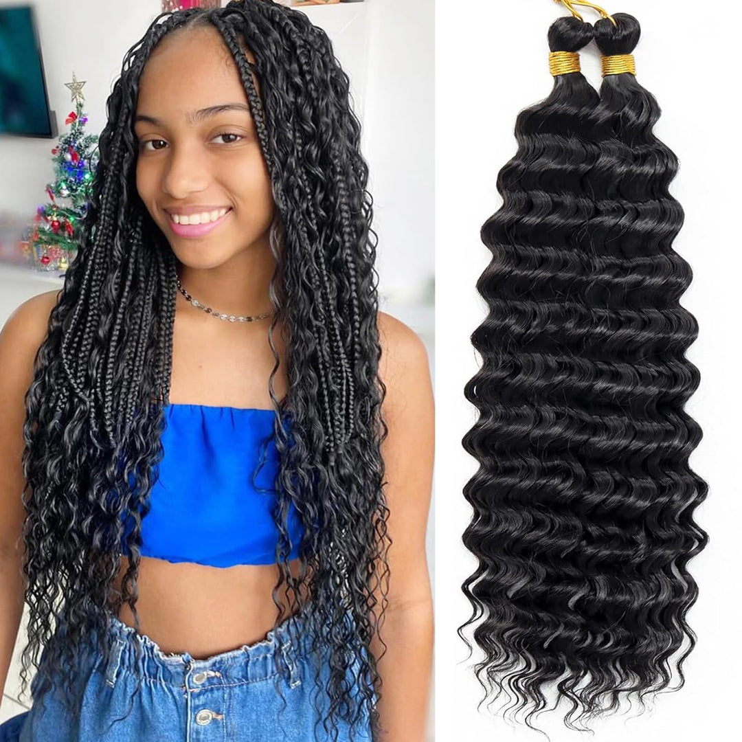 Eerya Long Curly Braiding Hair 24 Inch 2 Packs Ocean Wave Crochet Hair for Black Women Deep Wave Braiding Hair for Boho Braids (24 inch, 1B)