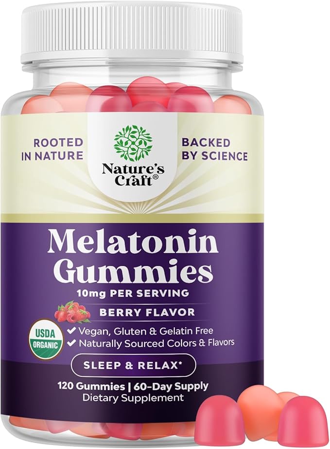 Organic Melatonin Gummies 10mg per Serving - Fast Acting Tasty Sleep Gummies for Adults Extra Strength Melatonin 10mg for Adults Enhanced Sleep Quality & Duration - Non GMO Organic & Vegan (60 Days)