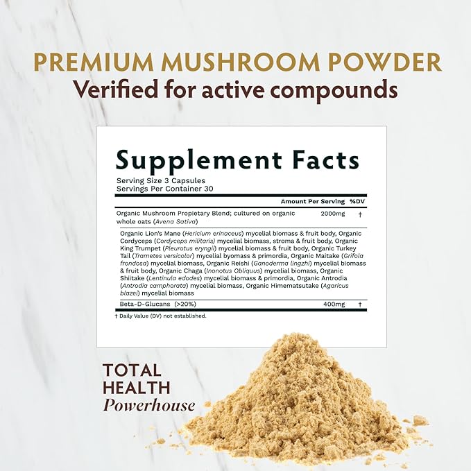 TRIBE ORGANICS Mushroom Golden Blend Vegan Capsules Supplement - Adaptogenic Mushrooms Powder Immune Support Supplement - 10-in-1 Mushrooms for Immunity Support & Brain Health - 90 Count 30 Servings