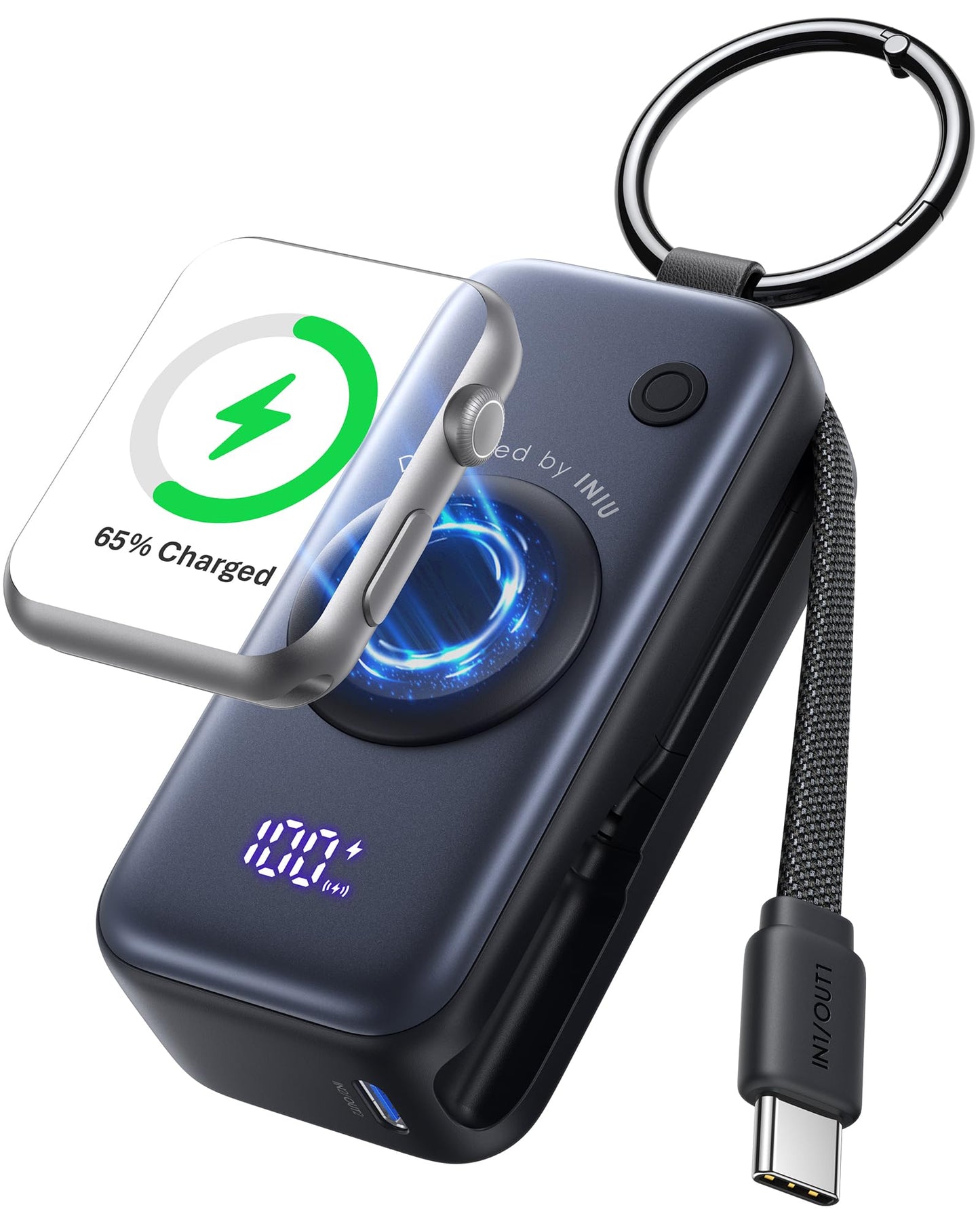 INIU Power Bank, Pocket-Size 20W 5000mAh Portable Charger, Fast Charging Powerbank with Built-in USB C Cable and Keychain, Battery Pack for Apple Watch Ultra 11 10 9 8 7 SE, iPhone 17 16 15 Air, etc.
