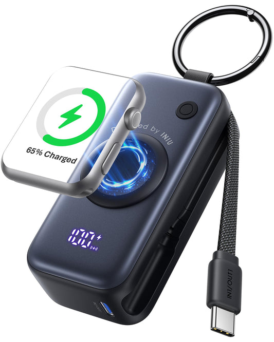 INIU Power Bank, Pocket-Size 20W 5000mAh Portable Charger, Fast Charging Powerbank with Built-in USB C Cable and Keychain, Battery Pack for Apple Watch Ultra 11 10 9 8 7 SE, iPhone 17 16 15 Air, etc.