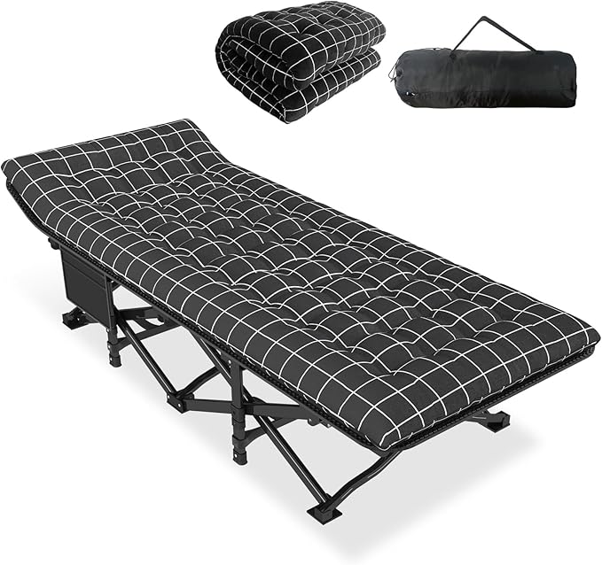 ATORPOK Camping Cot for Adults with Cushion Comfortable,Portable Folding Bed for Sleeping,Lightweight Folding Bed with Carry Bag for Kids Supports 450 lbs (Black)