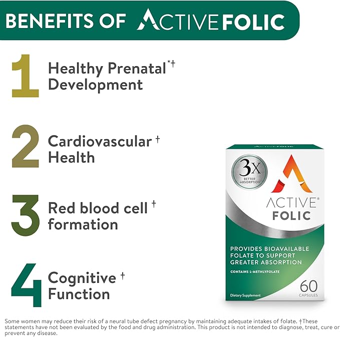 Active Folic, Folic Acid Supplement for Pregnancy, 60 Capsules, Fights Tiredness & Fatigue, 3X Better Absorption of L-Methylfolate, Vegan, Gluten Free & Sugar-Free, 2 Month Supply