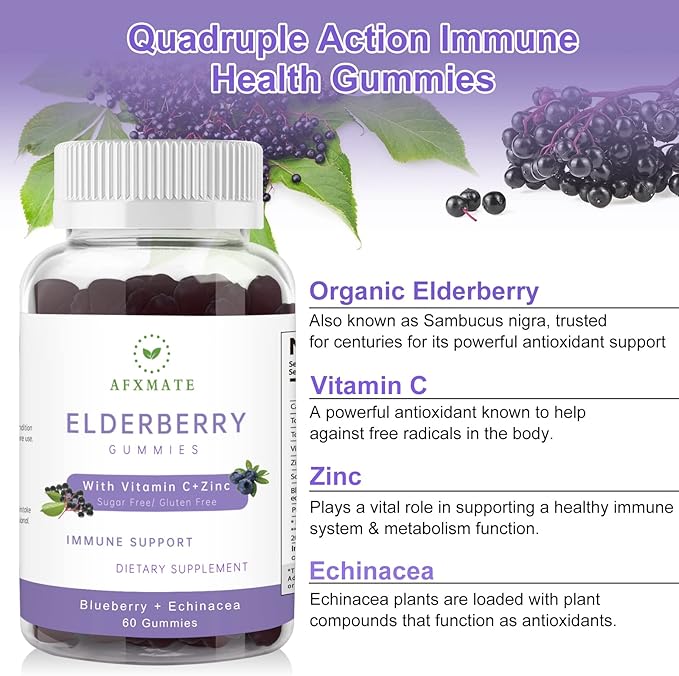 AFXMATE Sambucus Elderberry Gummies, Black Elderberry Gummy with Zinc and Vitamin C for Adults, Sugar Free Kids Multivitamin Gummies Immune Support* Supplement (2 Pack)
