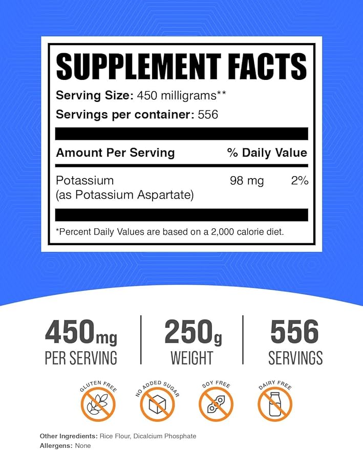 BulkSupplements.com Potassium Aspartate Powder - Potassium Powder Supplement, Potassium Aspartate Supplement - Gluten Free, 450mg (98mg Potassium) per Serving, 250g (8.8 oz) (Pack of 1)