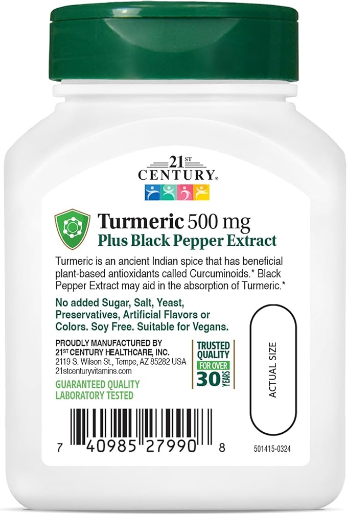 21st Century Turmeric 500 mg Plus Black Pepper Extract Vegetarian Capsules, 60 Count