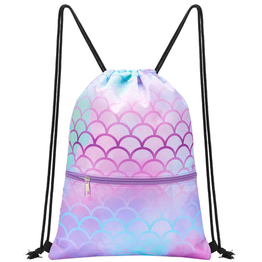 WAWSAM Mermaid Drawstring Backpack - Drawstring Bags for Girls Kids Swim Bag for Beach Swim Swimming Pool Draw String Bags with Zippered Pocket Waterproof Sports Gym Bag