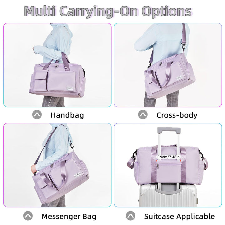 FIORETTO Women's Water-Resistant Gym Duffle Bag with Shoes Compartment, 37L Capacity, Multi-Functional, Ideal for Travel, Gym, Sports, Weekender, with Toiletry Bag, Light Purple