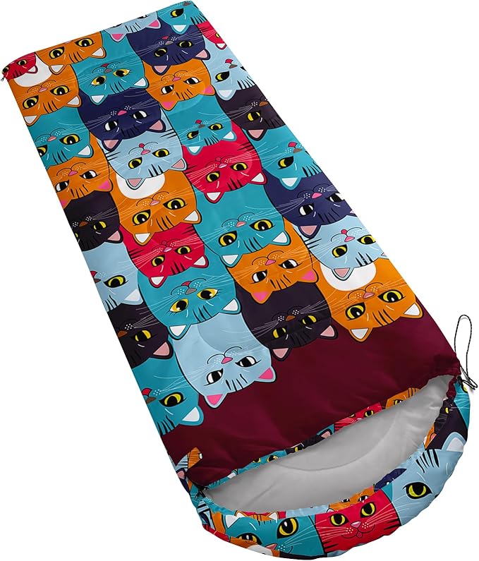 Axolotl Colorful Cats 3 Season Sleeping Bag for Kids, Girls, Teens - Warm and Cool Weather Pet Animal Theme, Waterproof Lightweight for Traveling, Outdoors Camping Equipment