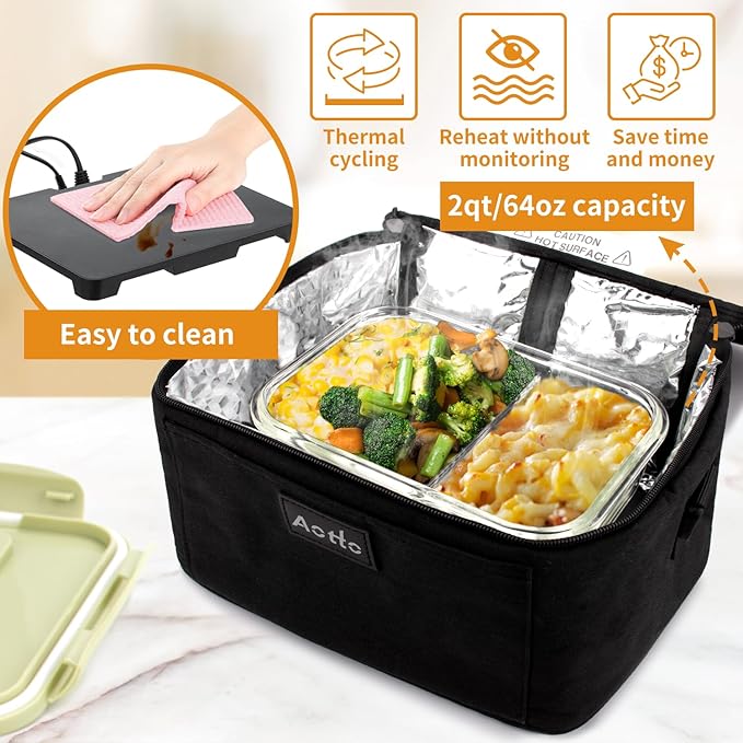 Aotto Portable Oven, Electric Lunch Box Food Heater - 12V/24V/110V 3-in-1 Car Food Warmer - Mini Personal Microwave Heated Lunch Box Warmer for Car, Truck, Travel, Office & Home Use - Black