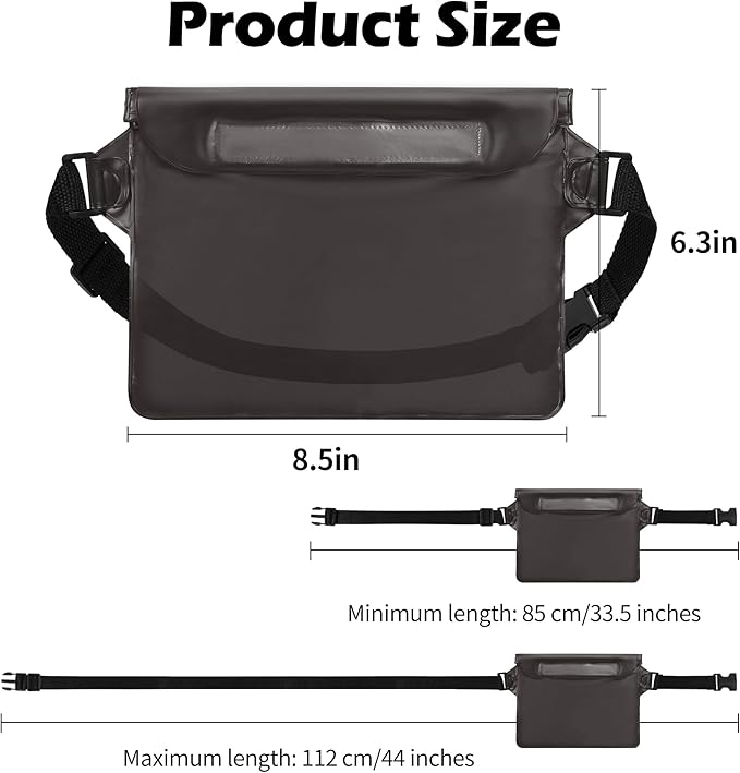 2-Pack Waterproof Pouch with Adjustable Waist Strap, Waterproof Dry Bag, Keeps Cell Phones and Valuables Safe and Dry, Perfect for Kayaking, Beach, Camping and Swimming (Black)