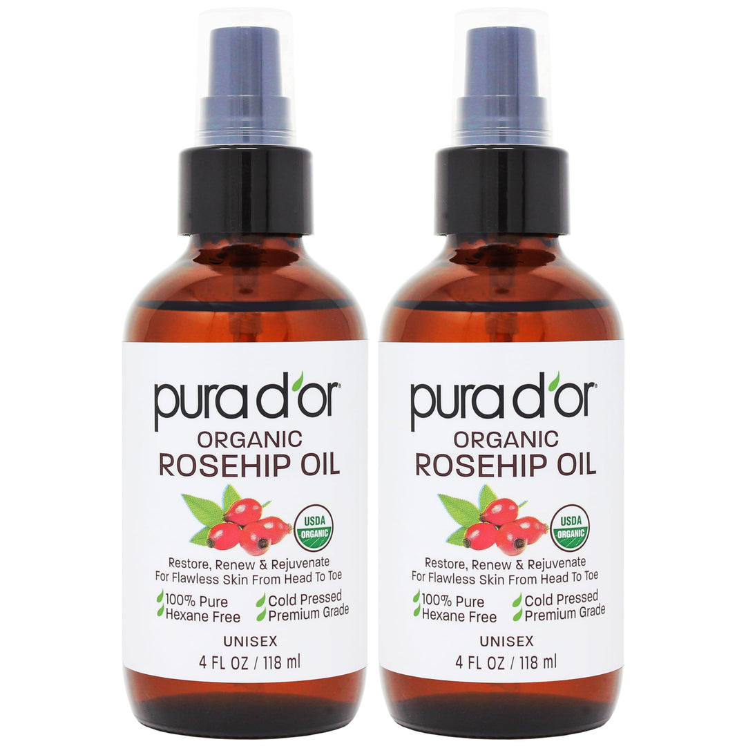 PURA D'OR ORGANIC Rosehip Seed Oil Hair Relaxer (4 Oz x2 = 8 Oz) 100% Pure Cold Pressed USDA Certified All Natural Anti-Aging, Scar Treatment, Gua Sha Massage, Face, Hair & Skin - Women & Men