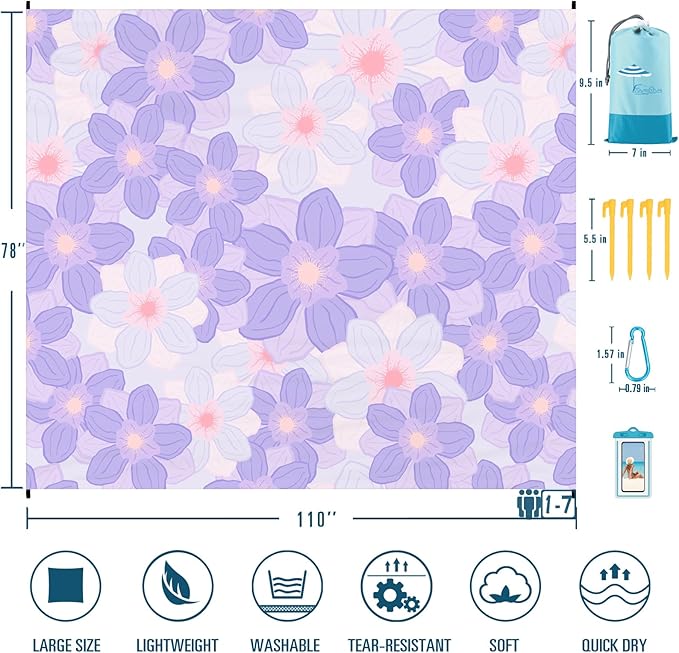 Beach Blanket Sandproof Waterproof 78''×110'' 1-7Adults Oversized,Compact Lightweight Durable Beach Mat for Travel Camping Hiking Picnic Blanket