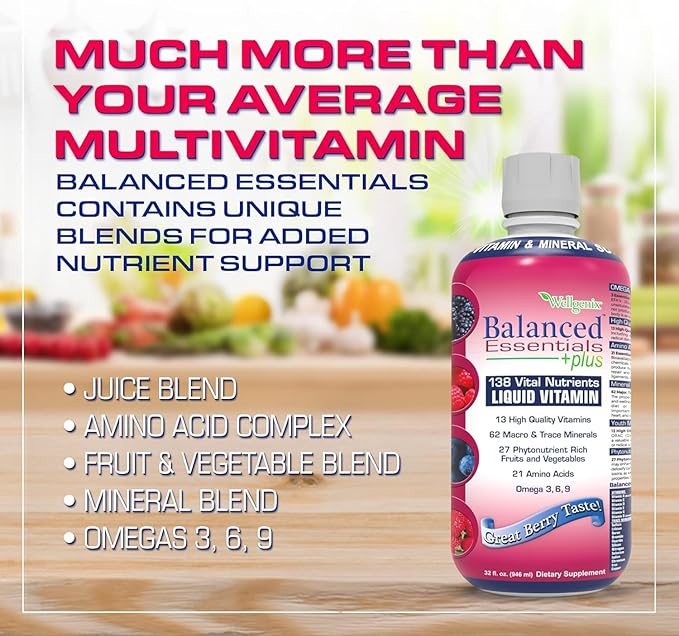 Wellgenix Balanced Essentials Plus New Formula - Liquid Vitamin - Complete Multivitamin Supplement - 1oz Daily - Immune Boosting & Overall Health - Adults, Kids, Toddlers - Berry Flavor 32oz (3)