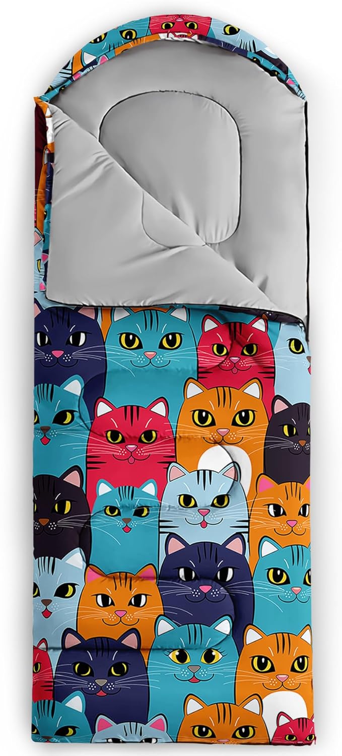 Axolotl Colorful Cats 3 Season Sleeping Bag for Kids, Girls, Teens - Warm and Cool Weather Pet Animal Theme, Waterproof Lightweight for Traveling, Outdoors Camping Equipment