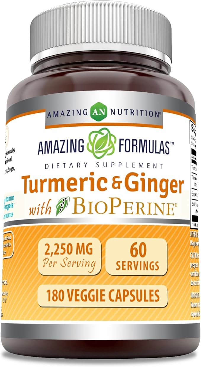 Amazing Formulas Turmeric Curcumin & Ginger with BioPerine 2250 mg Per Serving Veggie Capsules | Non-GMO | Gluten Free | Made in USA | Ideal for Vegetarians (180 Count)