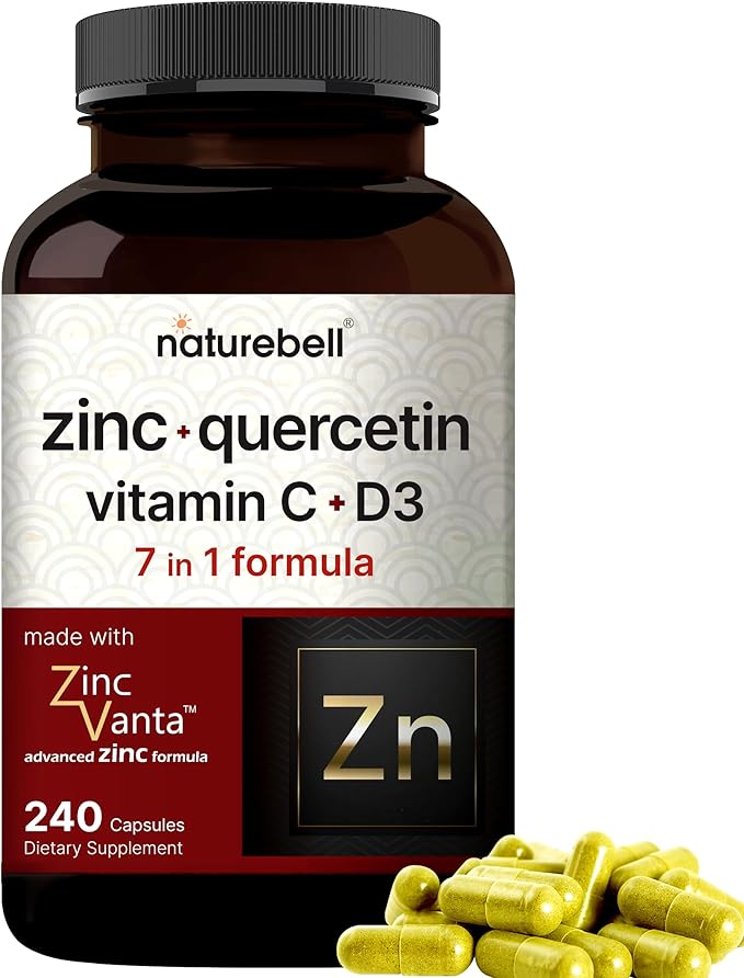 Naturebell Zinc Quercetin with Vitamin C & D3, 240 Capsules | Quercetin 1,000mg, 4 in 1 Zinc 50mg, Vitamin C 250mg, Vitamin D3 5,000 IU – ZincVanta Advanced Immune Defense & Lung Support