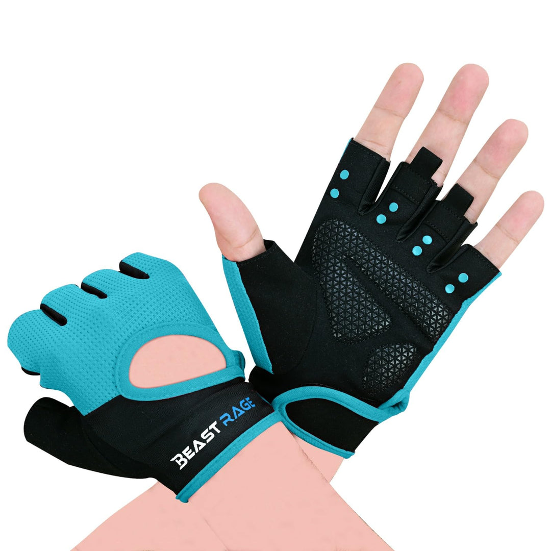 BEAST RAGE Workout Gloves for Men Gym Gloves for Weightlifting Women Fingerless with Palm Protection Padding, Breathable and Lightweight Weight Lifting Gloves Cycling Pull Up (Cyan, S)