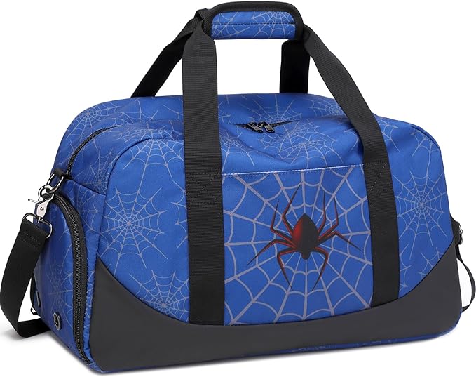 JIANYA Kids Overnight Duffle Bag Spider Sports Gym Bag with Shoe Compartment & Wet Pocket, Carry On Weekender Travel Bag, Blue