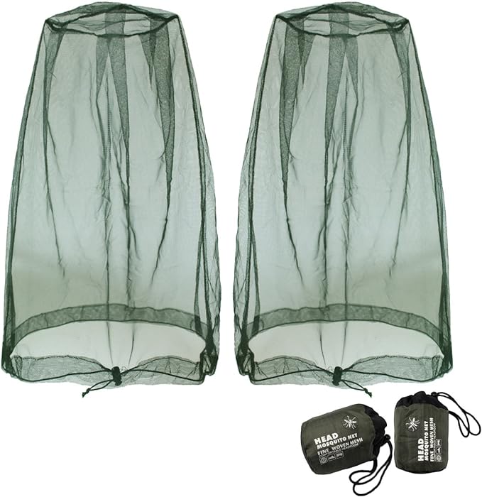 Benvo Mosquito Head Net Mesh, Face Neck Fly Netting Hood from Bugs Gnats Noseeums Screen Net for Any Outdoor Lover- with Carry Bags Fits Most Sizes of Hats Caps (2pcs, Olive, Updated Big Net)