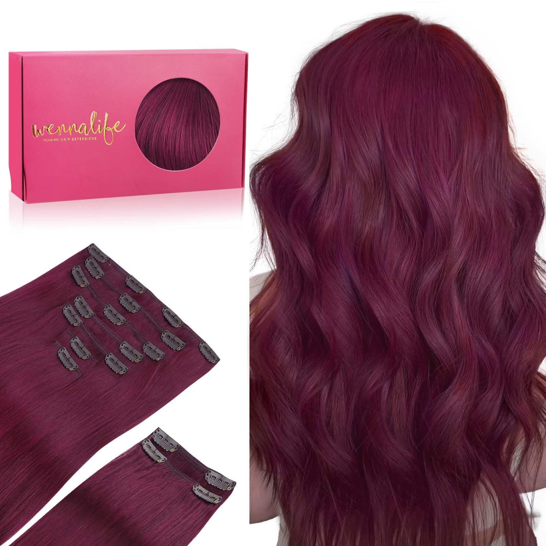 Wennalife Clip In Hair Extensions, 150G 14 Inch 9Pcs Light Burgundy Human Hair Extensions Thicker Clip In Hair Extensions Real H