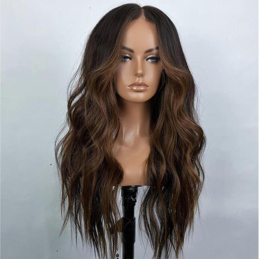 xccoco Brown Highlight Wig Long Wavy Wigs for Women Natural Wavy Curly Synthetic Lace Front Wig Middle Part 26inch Heat Resistant Fiber Wig for Daily Party Use