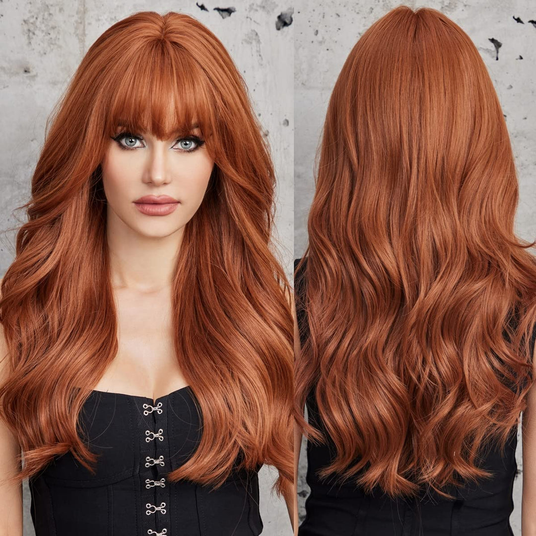 Emmor Orange Brown Long Wigs For Women, Natural Wavy Wig With Bangs Heat Resistant Fiber Synthetic Wigs For Daily Party(Strawber