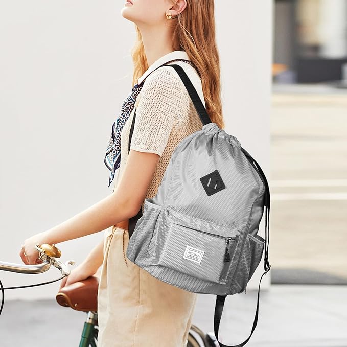 ALUSBELL Large Drawstring Backpack Bag, Sports Gym Bag String Sackpack with Shoes Compartment, Waterproof String Bag Cinch for Women Men(Gray)