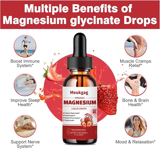 Magnesium Glycinate Liquid - 1000mg Liquid Magnesium Complex Supplement with Bromelain, D3, B6 & K2 - Magnesium Glycinate 500mg for Calm Mood/Muscle & Sleep, Strawberry Flavor, 2fl Oz