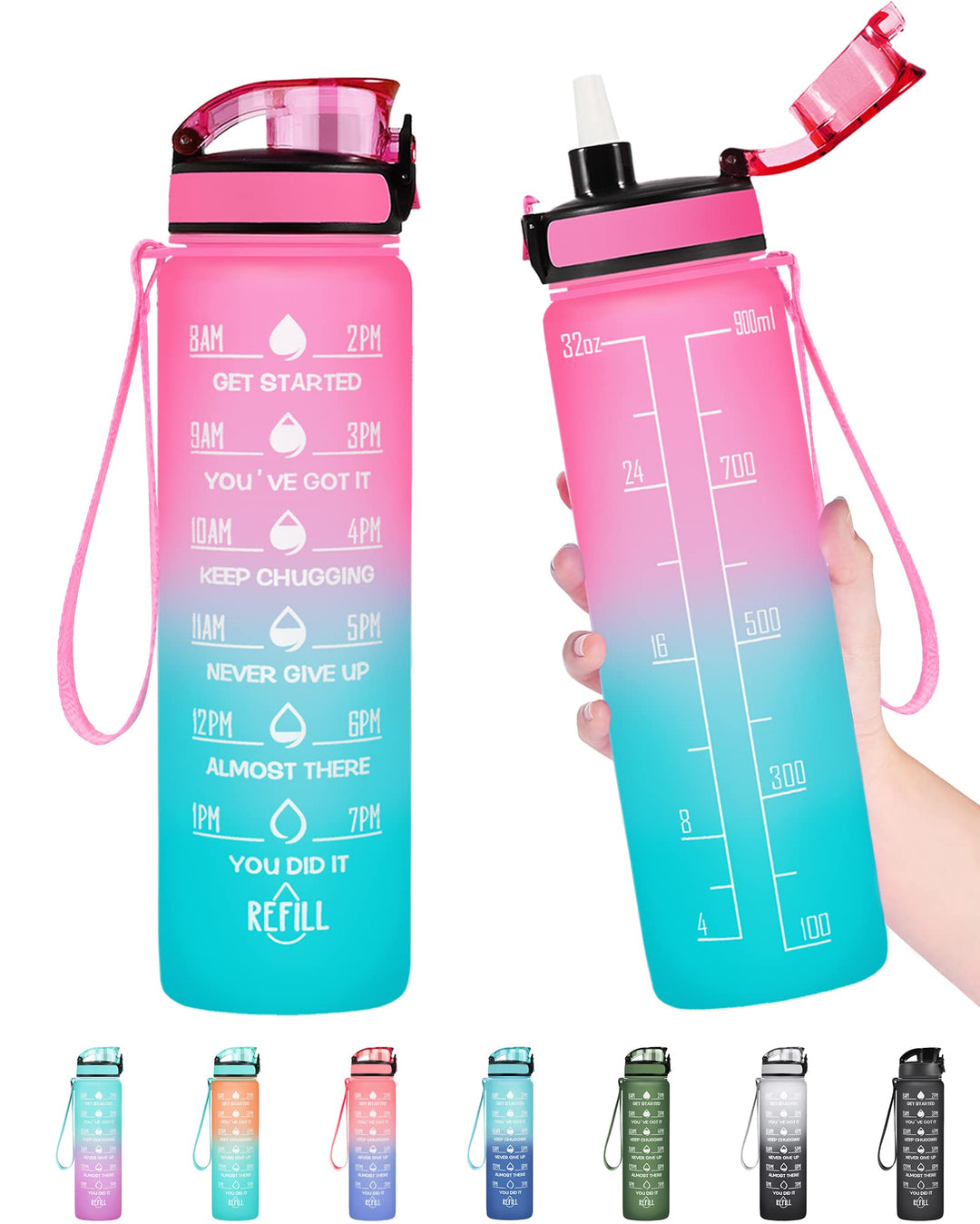 Enerbone 32 oz Water Bottle, Leakproof BPA & Toxic Free, Motivational Water Bottle with Times to Drink and Straw, Fitness Sports Water Bottle with Strap for Office, Gym, Outdoor Sports, Pink-Green