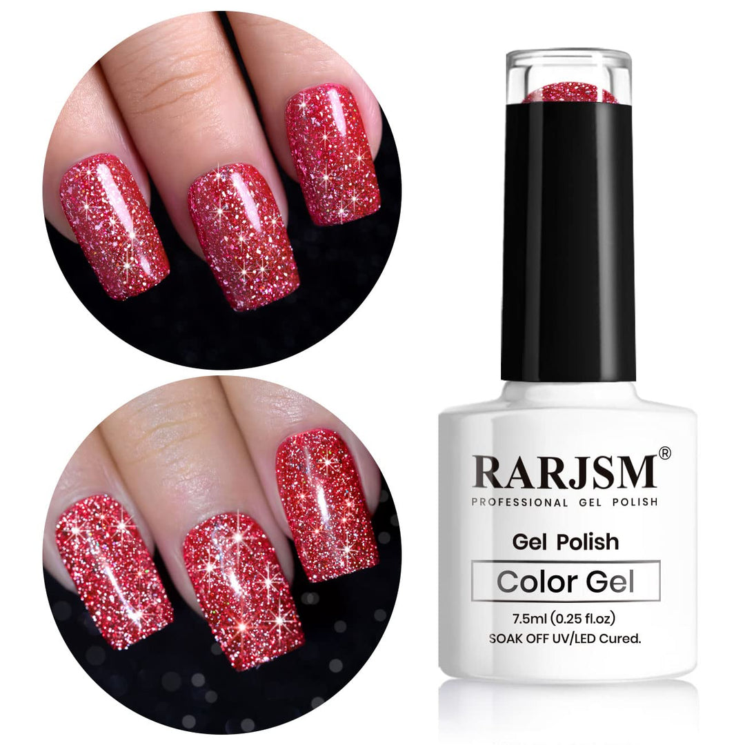 Rarjsm Reflective Glitter Gel Polish Red,Glitter Gel Nail Polish Red 7.5Ml Holographic Rainbow Iridescent Shimmer Led Uv Soak Of